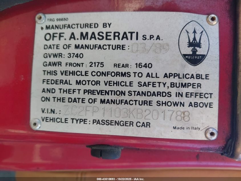 1989 Chrysler Tc By Maserati VIN: ZC2FP1103KB201788 Lot: 43510693