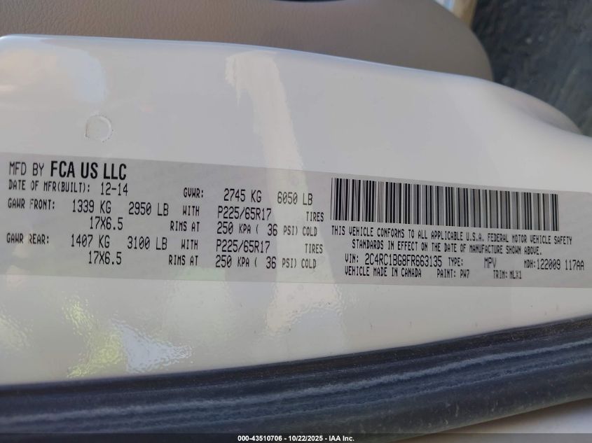 2015 Chrysler Town & Country Touring VIN: 2C4RC1BG8FR663135 Lot: 43510706