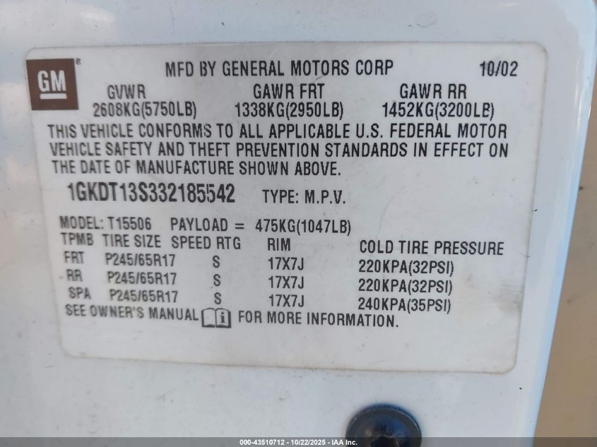 2003 GMC Envoy Slt VIN: 1GKDT13S332185542 Lot: 43510712