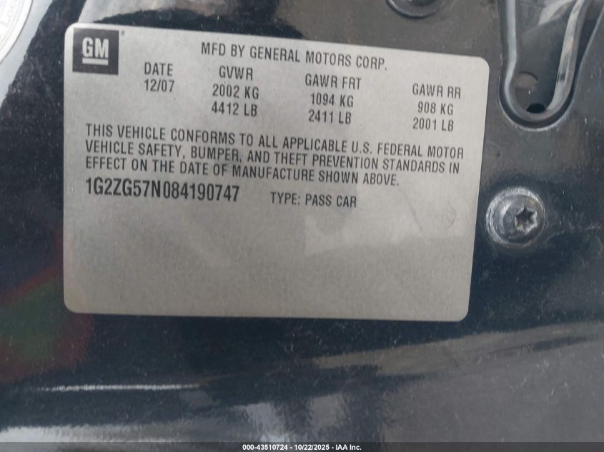 2008 Pontiac G6 VIN: 1G2ZG57N084190747 Lot: 43510724