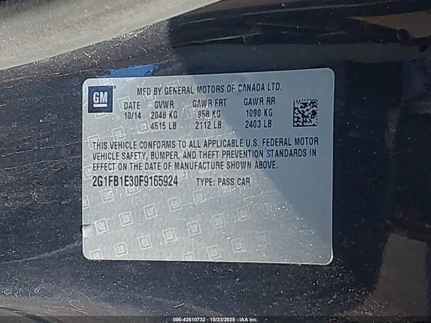 2015 CHEVROLET CAMARO 2LS 2G1FB1E30F9165924