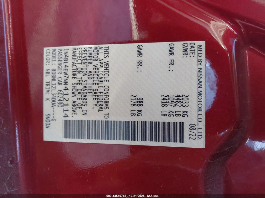 2022 NISSAN ALTIMA SL INTELLIGENT AWD 1N4BL4EW7NN412114