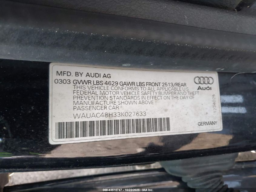 2003 Audi A4 1.8T VIN: WAUAC48H33K027633 Lot: 43510747