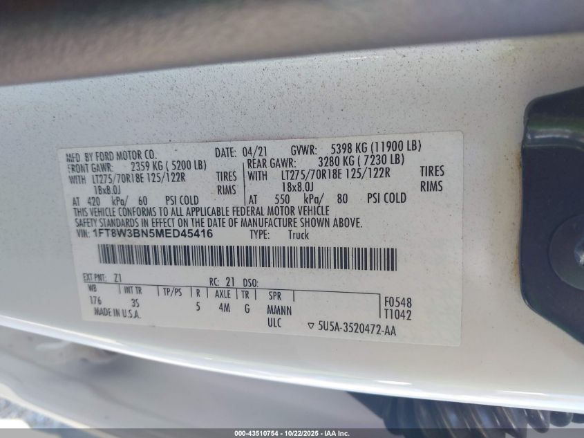 2021 Ford F-350 Xlt VIN: 1FT8W3BN5MED45416 Lot: 43510754
