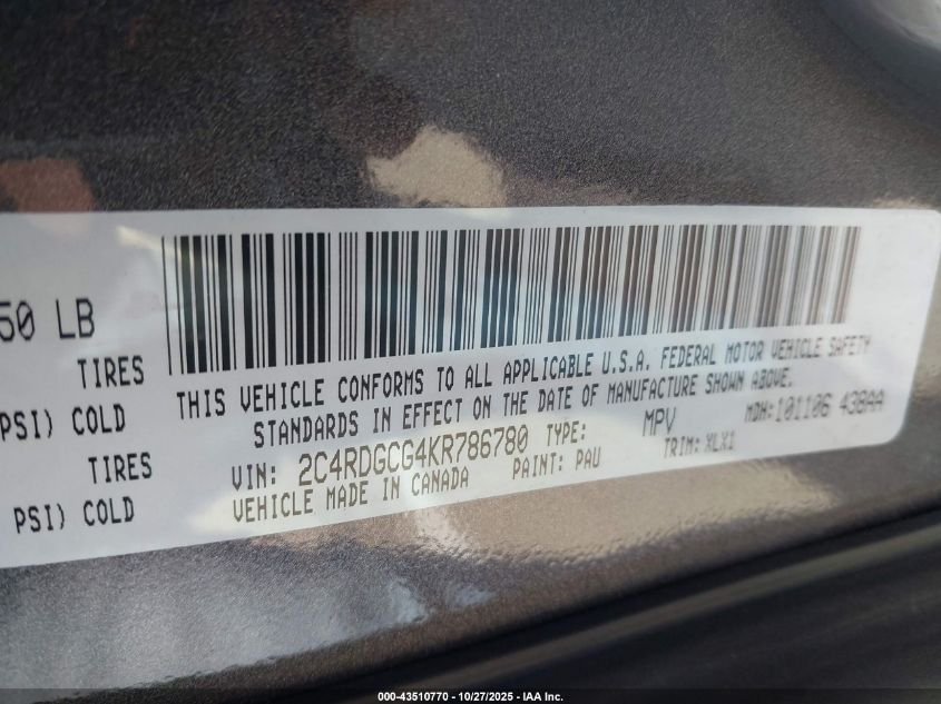 2019 Dodge Grand Caravan Sxt VIN: 2C4RDGCG4KR786780 Lot: 43510770