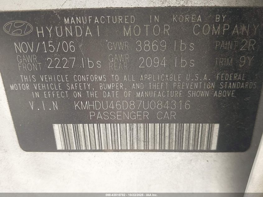 2007 Hyundai Elantra Gls/Limited/Se VIN: KMHDU46D87U084316 Lot: 43510782