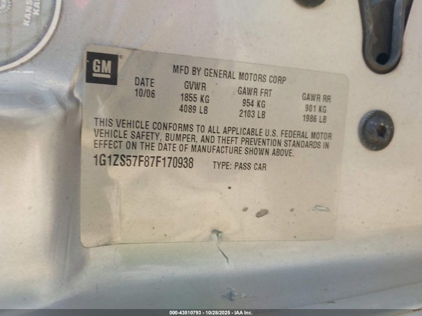 2007 Chevrolet Malibu Ls VIN: 1G1ZS57F87F170938 Lot: 43510793