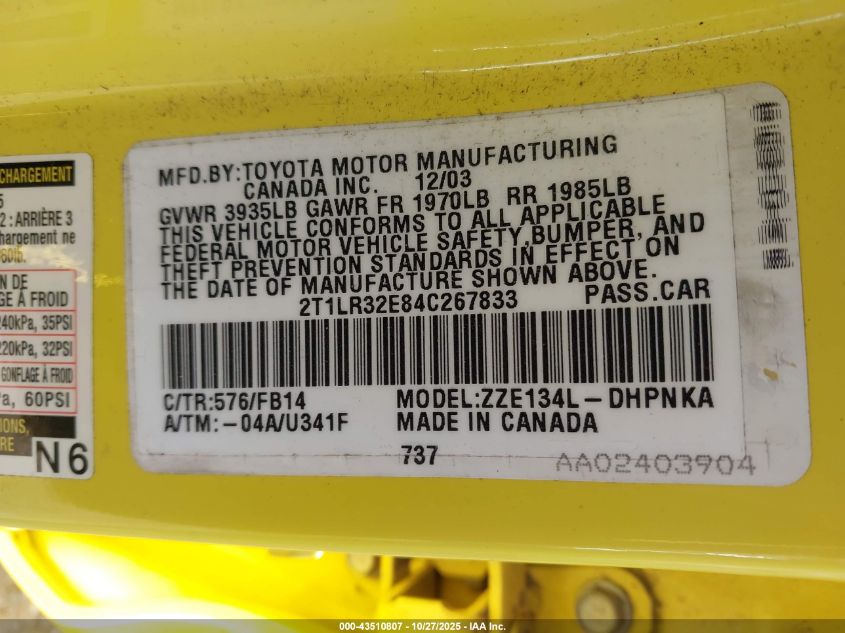 2004 Toyota Matrix Xr VIN: 2T1LR32E84C267833 Lot: 43510807