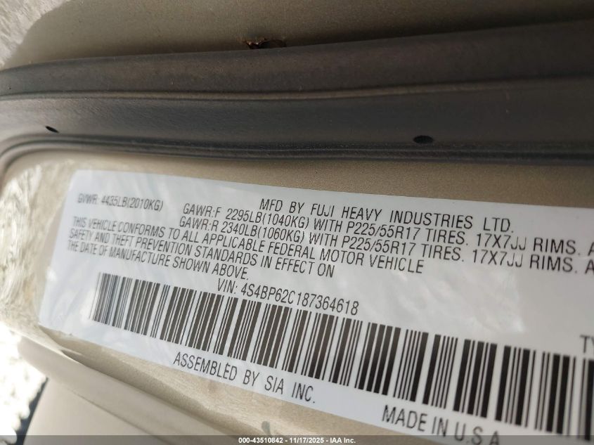 2008 Subaru Outback 2.5I Limited/2.5I Limited L.l. Bean Edition VIN: 4S4BP62C187364618 Lot: 43510842