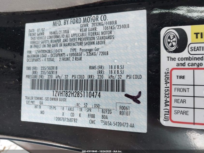 2008 Ford Mustang Gt Deluxe/Gt Premium VIN: 1ZVHT82H285110474 Lot: 43510845