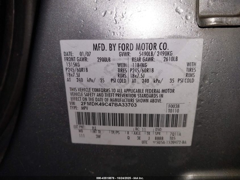 2007 Ford Edge Sel Plus VIN: 2FMDK49C47BA33703 Lot: 43510876