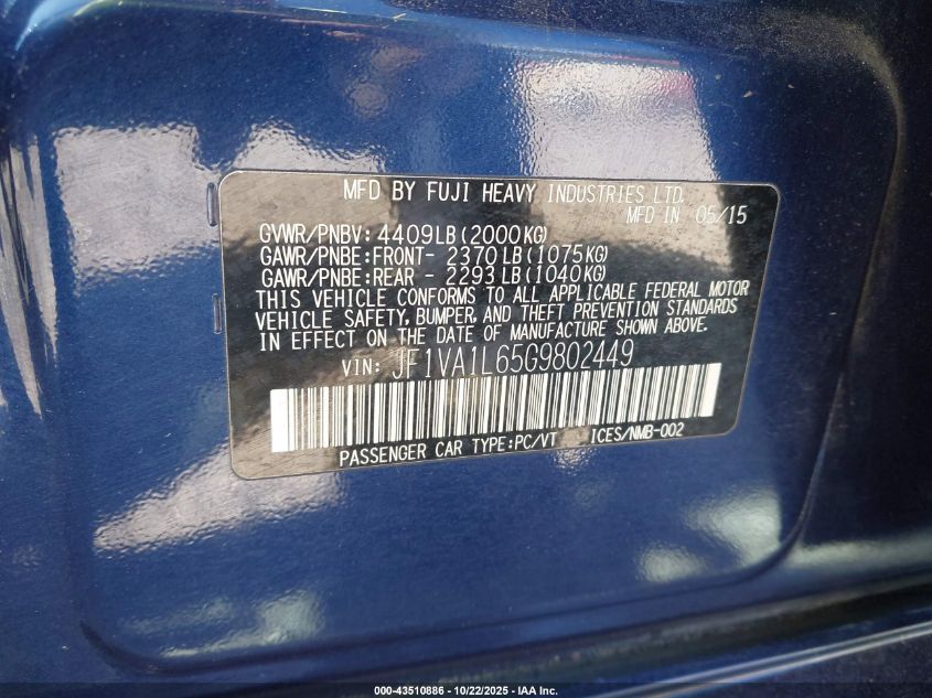 2016 SUBARU WRX LIMITED JF1VA1L65G9802449