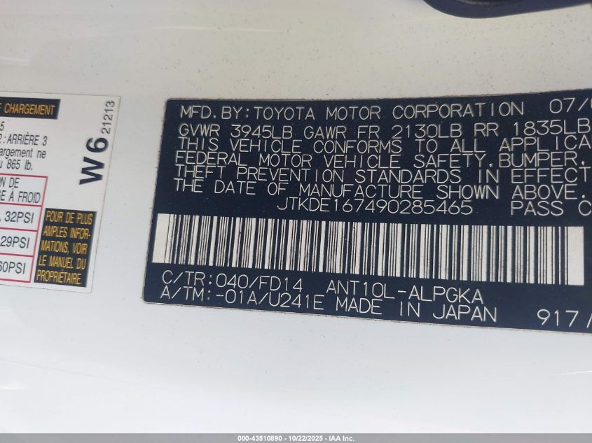 2009 Scion Tc VIN: JTKDE167490285465 Lot: 43510890