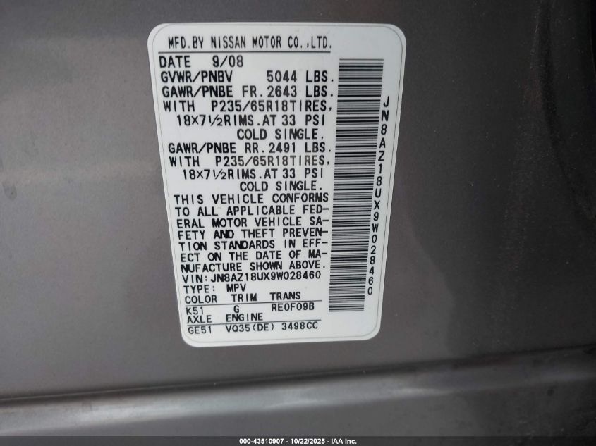 2009 Nissan Murano S VIN: JN8AZ18UX9W028460 Lot: 43510907
