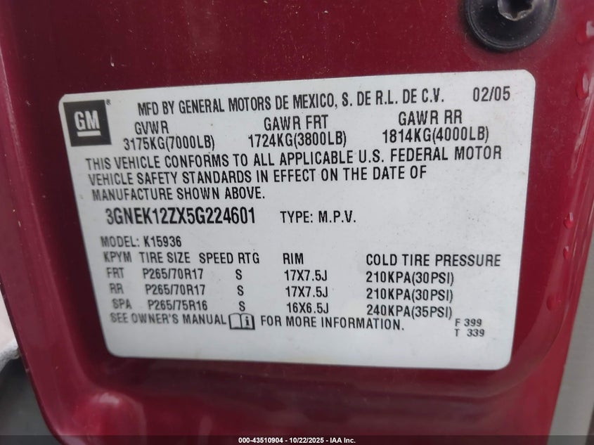 3GNEK12ZX5G224601 2005 CHEVROLET AVALANCHE photo no. 9