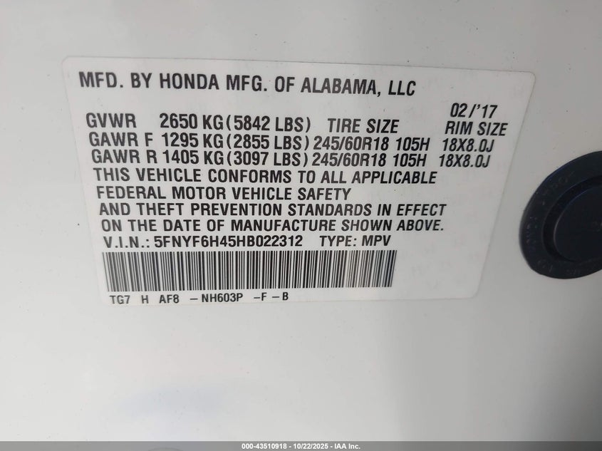 2017 HONDA PILOT EX 5FNYF6H45HB022312