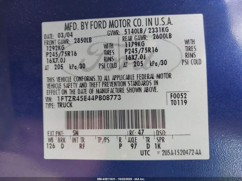 2004 Ford Ranger Edge/Tremor/Xlt VIN: 1FTZR45E44PB08773 Lot: 43511031