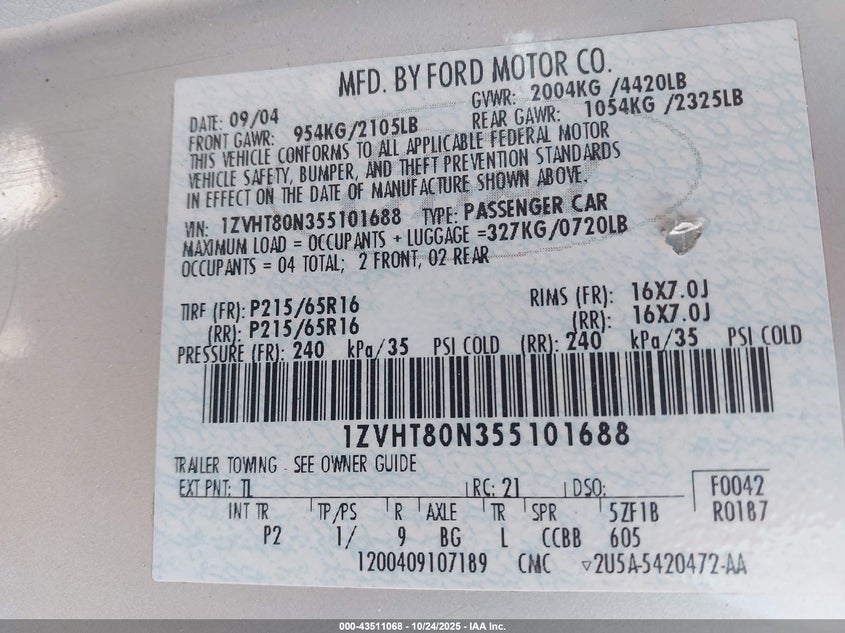 1ZVHT80N355101688 2005 FORD MUSTANG photo no. 9