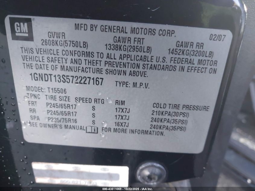 2007 Chevrolet Trailblazer Lt VIN: 1GNDT13S572227167 Lot: 43511069