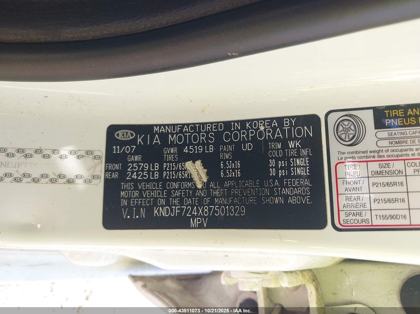 2008 Kia Sportage Lx VIN: KNDJF724X87501329 Lot: 43511073