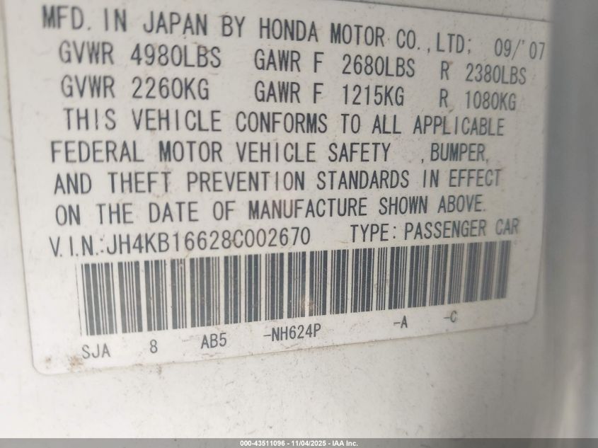 2008 Acura Rl 3.5 VIN: JH4KB16628C002670 Lot: 43511096