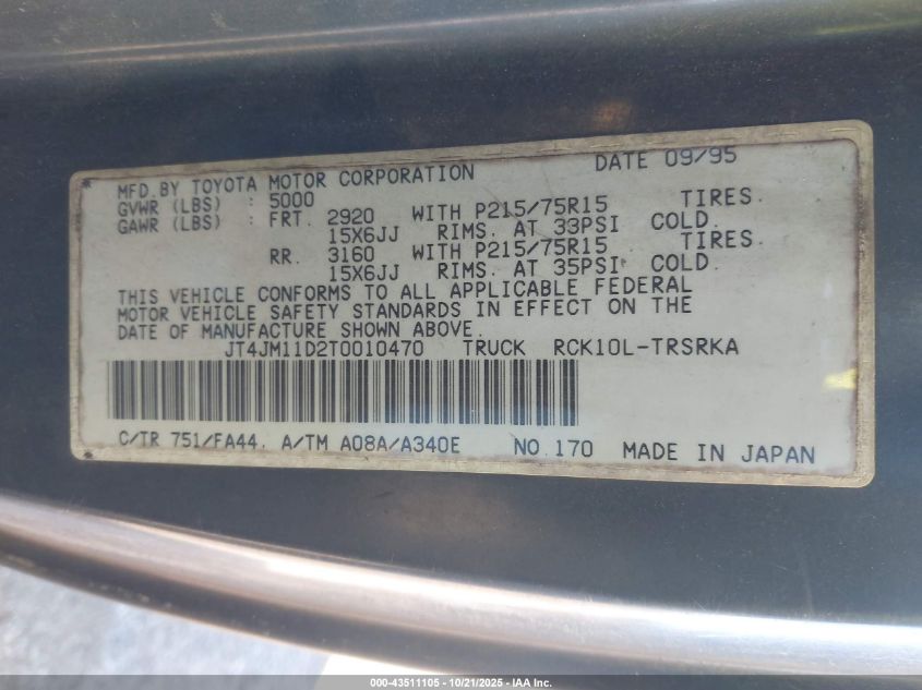 1996 Toyota T100 VIN: JT4JM11D2T0010470 Lot: 43511105