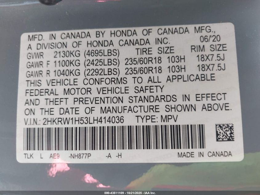 2020 Honda Cr-V 2Wd Ex VIN: 2HKRW1H53LH414036 Lot: 43511109