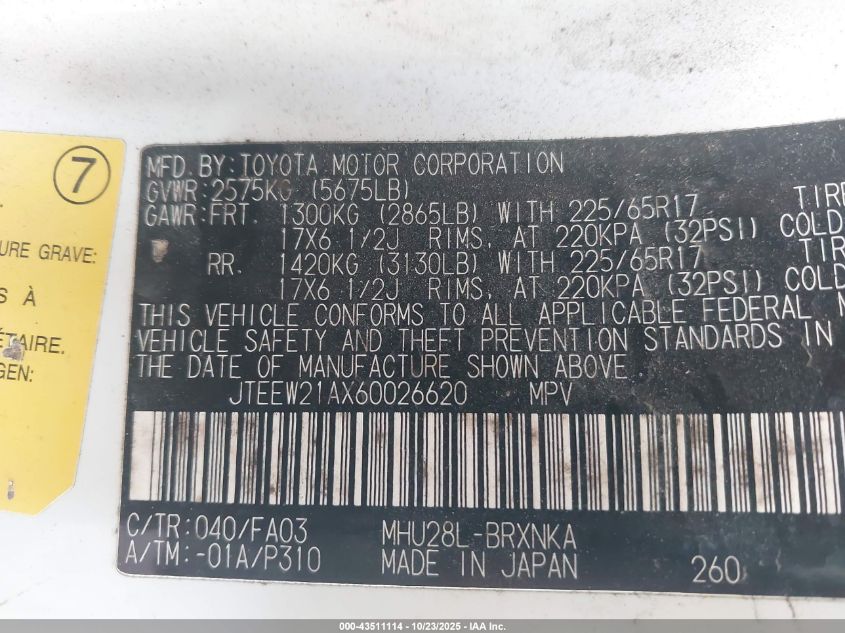 2006 Toyota Highlander Hybrid V6 VIN: JTEEW21AX60026620 Lot: 43511114