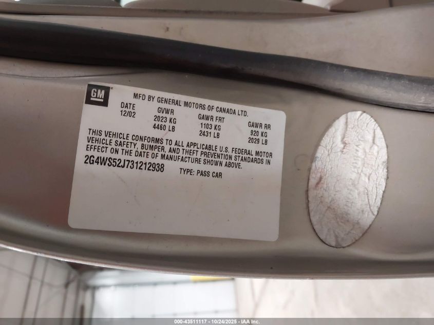 2003 Buick Century Custom VIN: 2G4WS52J731212938 Lot: 43511117