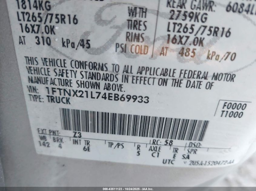 2004 Ford F-250 Lariat/Xl/Xlt VIN: 1FTNX21L74EB69933 Lot: 43511123