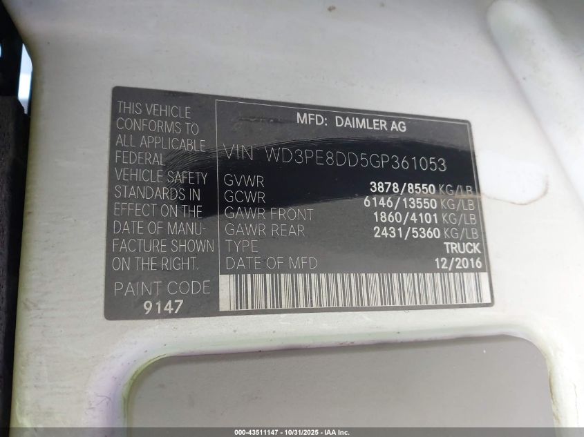 2016 Mercedes-Benz Sprinter 2500 High Roof VIN: WD3PE8DD5GP361053 Lot: 43511147