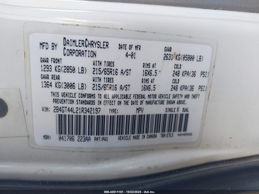 2B4GT44L21R342197 2001 DODGE CARAVAN photo no. 9
