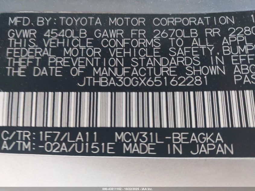 2006 Lexus Es 330 VIN: JTHBA30GX65162281 Lot: 43511152