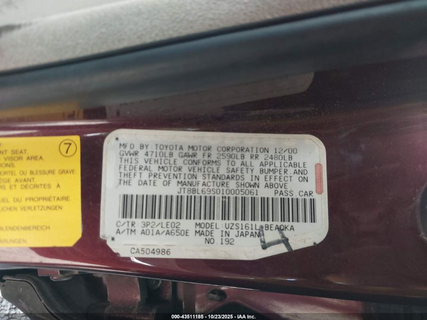 2001 Lexus Gs 430 VIN: JT8BL69S010005061 Lot: 43511185