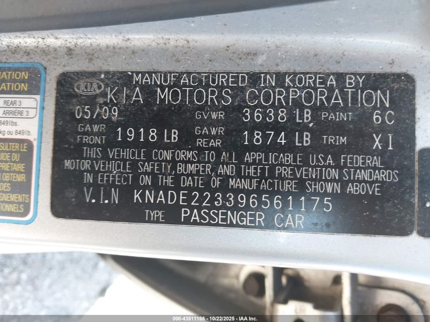 2009 Kia Rio VIN: KNADE223396561175 Lot: 43511186