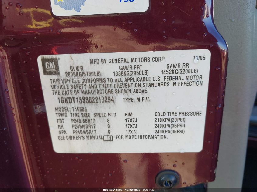 2006 GMC Envoy Slt VIN: 1GKDT13S362213294 Lot: 43511209