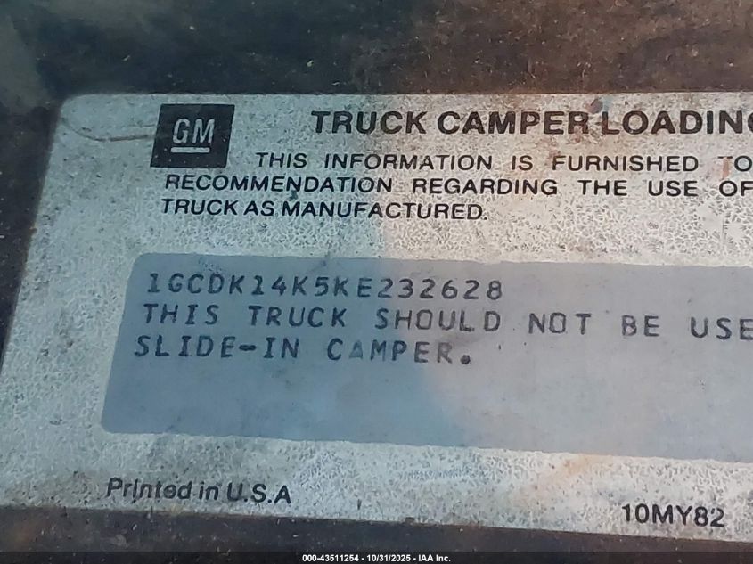 1989 Chevrolet Gmt-400 K1500 VIN: 1GCDK14K5KE232628 Lot: 43511254