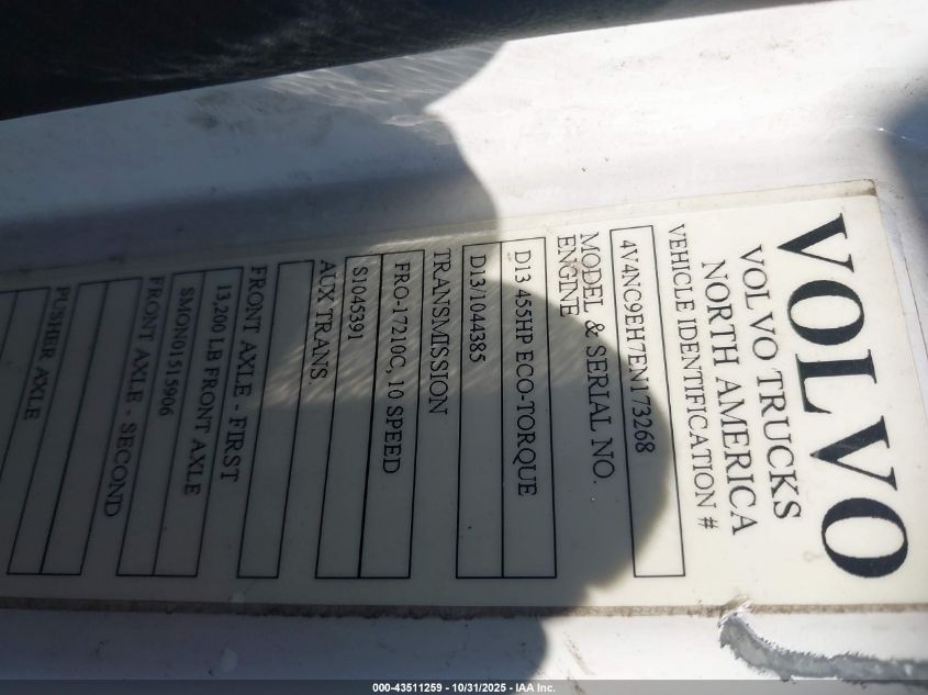 2014 Volvo Vn Vnl VIN: 4V4NC9EH7EN173268 Lot: 43511259