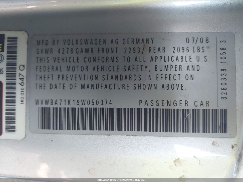 2009 Volkswagen Rabbit S VIN: WVWBA71K19W050074 Lot: 43511295