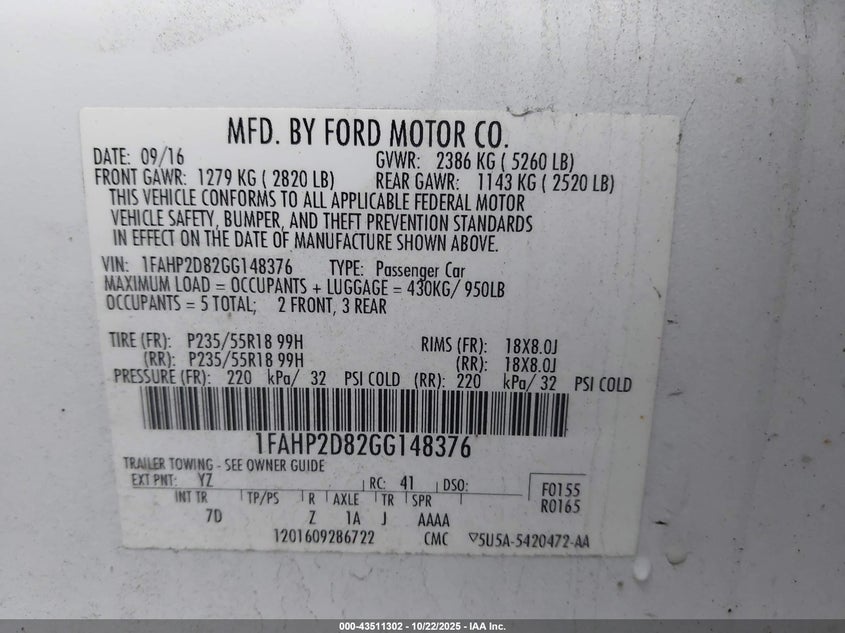 1FAHP2D82GG148376 2016 FORD TAURUS photo no. 9