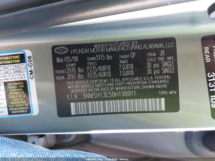 2008 Hyundai Santa Fe Limited/Se VIN: 5NMSH13E58H198911 Lot: 43511342