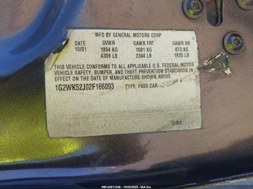 2002 Pontiac Grand Prix Se VIN: 1G2WK52J02F166093 Lot: 43511346
