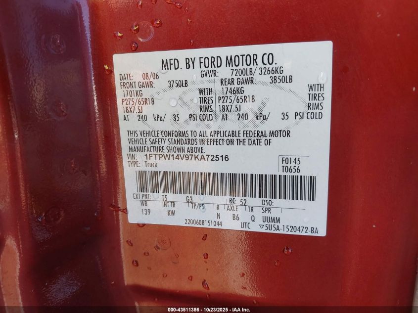 2007 Ford F-150 Fx4/Lariat/Xlt VIN: 1FTPW14V97KA72516 Lot: 43511386