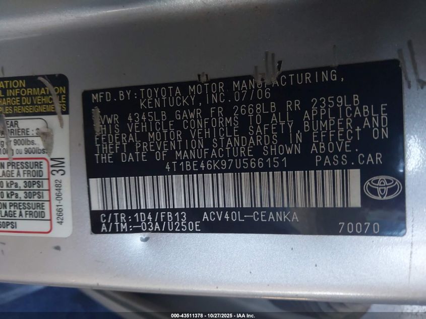 2007 Toyota Camry Le VIN: 4T1BE46K97U566151 Lot: 43511378