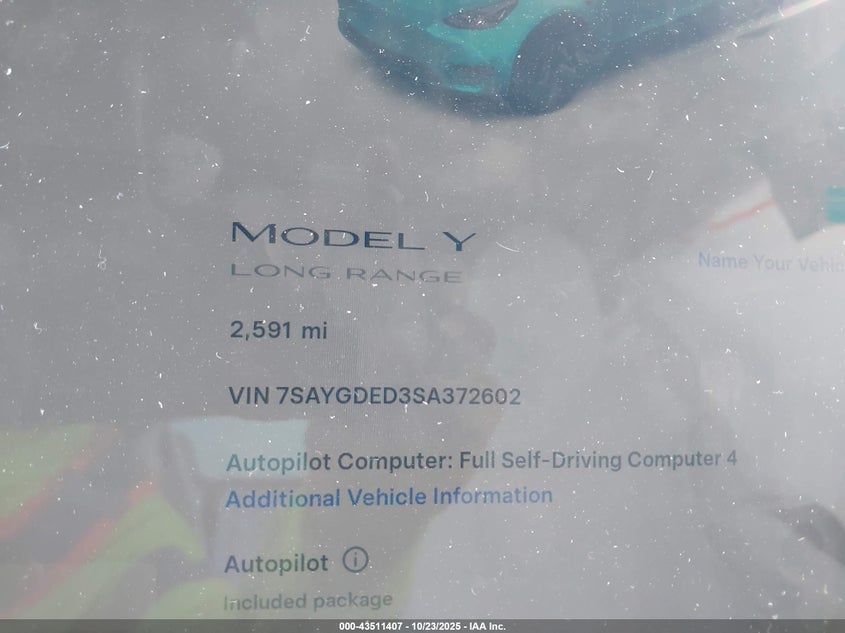 2025 Tesla Model Y Long Range Dual Motor Rear-Wheel Drive VIN: 7SAYGDED3SA372602 Lot: 43511407