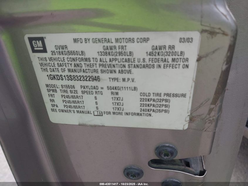 2003 GMC Envoy Sle VIN: 1GKDS13S832322946 Lot: 43511417