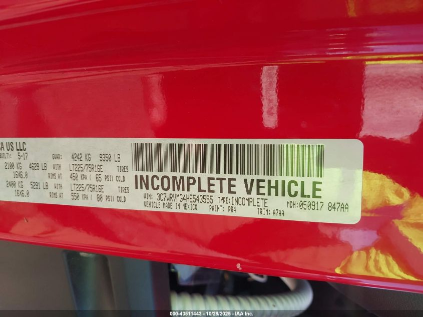 2017 Ram Promaster 3500 Cutaway Low Roof VIN: 3C7WRVMG4HE543555 Lot: 43511443