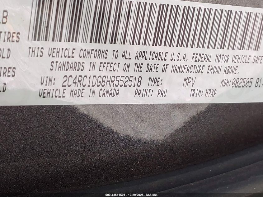 2017 Chrysler Pacifica Touring VIN: 2C4RC1DG6HR552518 Lot: 43511501