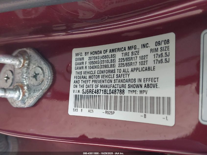 2008 Honda Cr-V Ex-L VIN: 5J6RE48718L048788 Lot: 43511508