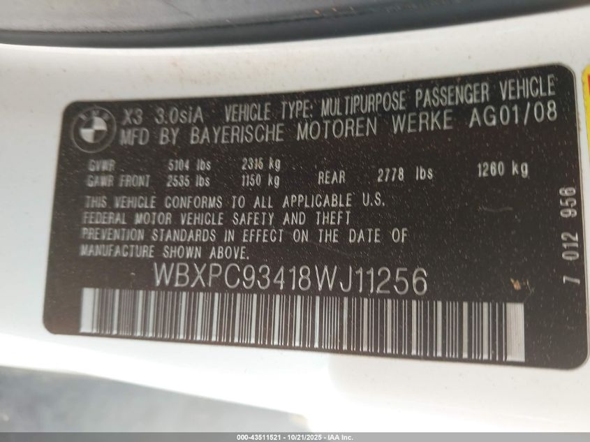2008 BMW X3 3.0Si VIN: WBXPC93418WJ11256 Lot: 43511521